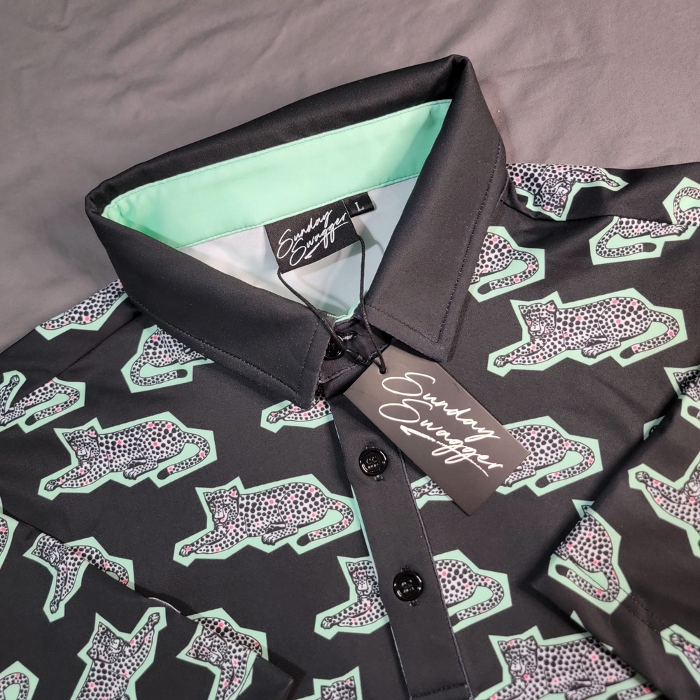 NWT Sunday Swagger Cheetah Polo Men's Large Multicolor  Performance Golf SS